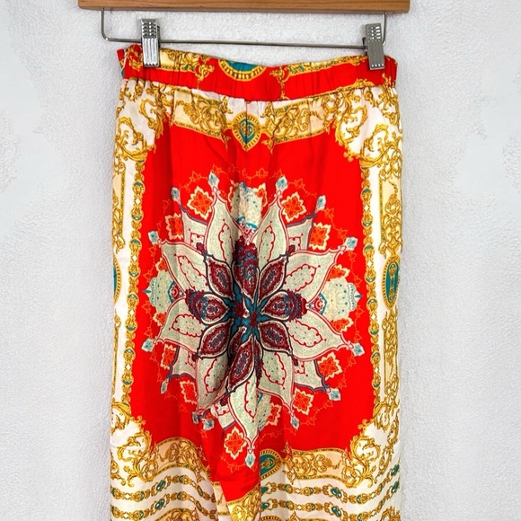 Minaa Monroe NEW Boho Print Satin High Waist Wide Leg Palazzo Pants S - Picture 7 of 10